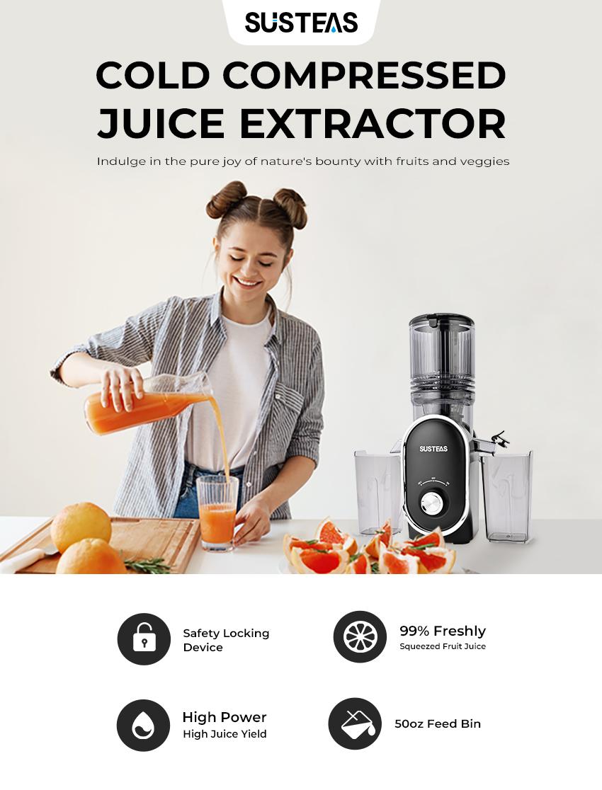SUSTEAS Cold Press Juicer with 5.3'' Large Feed, Easy to Clean, High Juice Yield, Includes Two Filters for Soft & Hard Fruits, 98% Juice Yield Healthy Life Kitchen Essential Juicer Machine Blenders