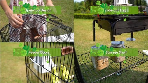 Yaheetech 64’’ H Open Top Metal Bird Cage with Double Doors & Slide-out Tray & Four Feeders & Detachable Rolling Stand