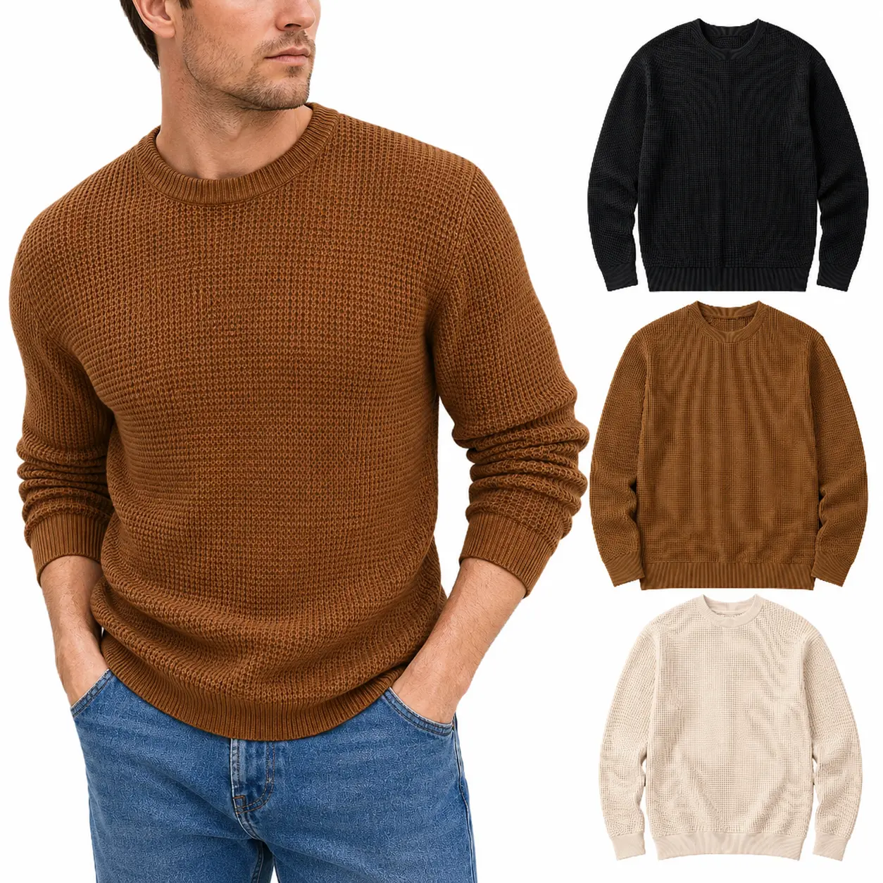 Gihuo Men's 3 Pack Waffle Knit Crewneck Pullover Sweater, Soft Viscose Long Sleeve Textured Casual Sweater, Regular Fit Fall Winter Knit Top for Daily Wear
