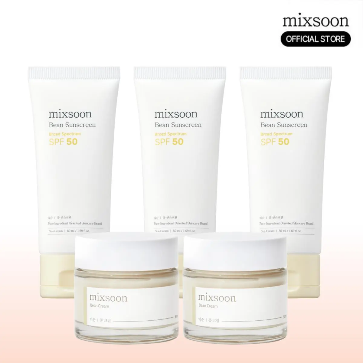 [mixsoon Official] Korean Sunscreen & Bean Cream Bundle (3+2) — SPF 50 Face Sunscreen 50ml + Glass Skin Moisturizer 50ml