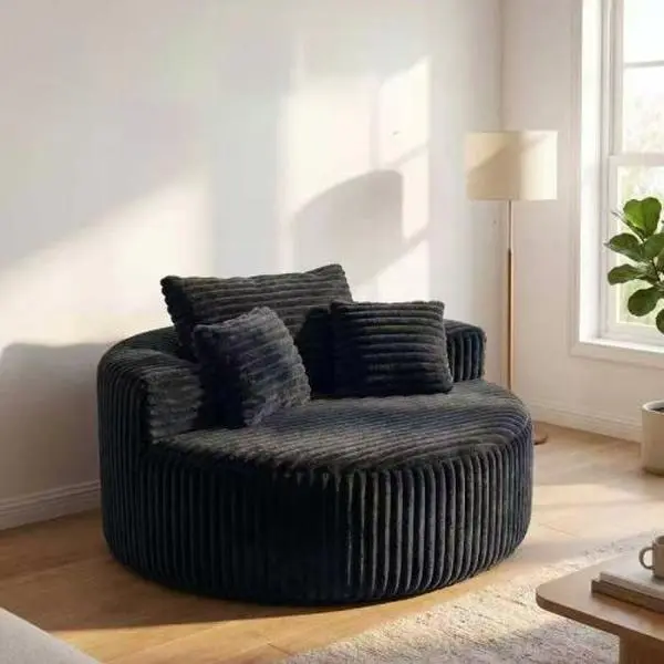 Round Modular Chaise Lounge Sofa, 55" Oversized Corduroy Upholstered Circular Sofa with 3 Pillows, Deep Seat Armless Leisure Sofa for Living Room, Bedroom, Apartment，Dark Gray