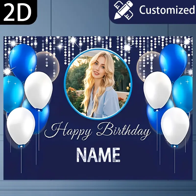 1pc Durable Polyester 2D Flat Banner - Inkjet-Printed Personalized Happy Birthday Poster with Custom Photos, Names, Birthday Party Decorations, Ideal for Outdoor Celebrations, Home Decor, One-Piece