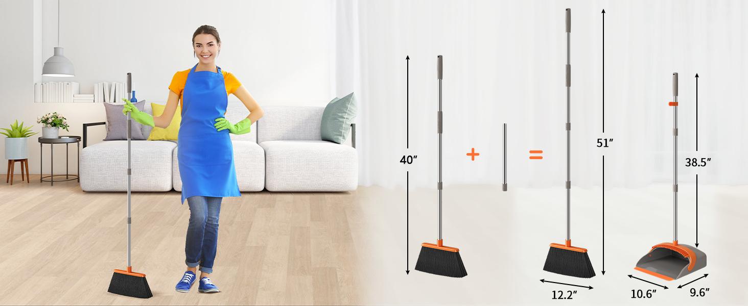 Broom with Dustpan Combo Set, Large Upright Brooms and Dust Pans with 52" Long Handle, Self-Cleaning with Dustpan Teeth. Perfect for Indoor Outdoor.