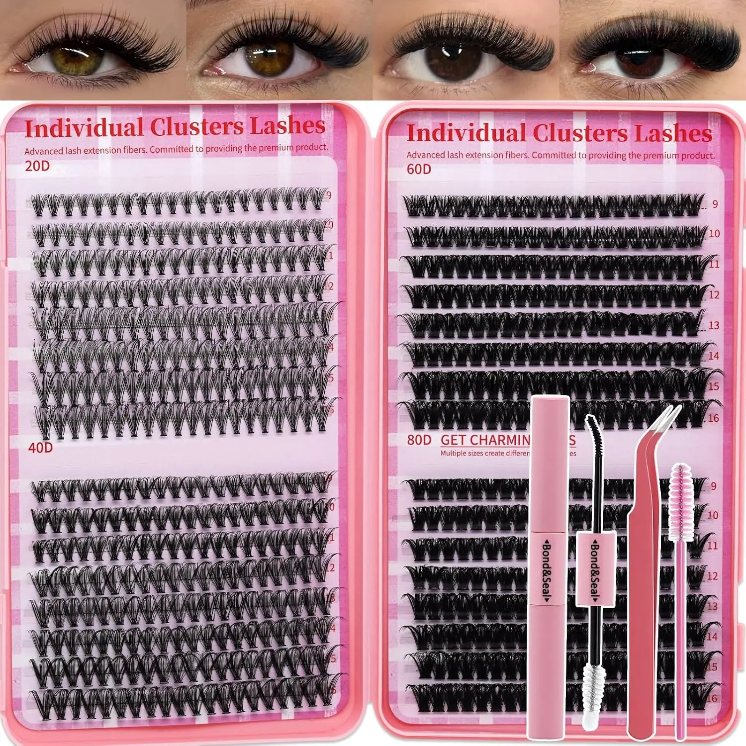 DIY false Lashes Kit for Beginners Eyelash Clusters Kit Pestañas Postizas Naturales with Lash Bond&Seal,Lash Tweezers,Brush RITALASH(640pcs 20D+40D+60D+80D Kit,9-16mm)