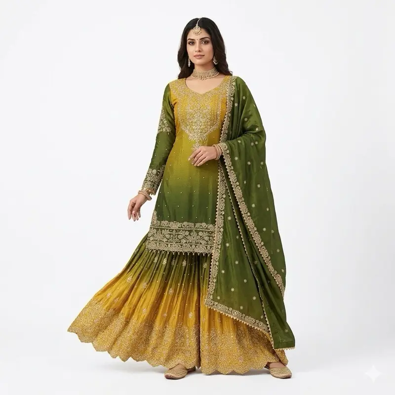 Lady's Indian Casual Suit - Women's Ethnic Casual Dresses, Long Sleeves, Chinon Silk Fabric, Elastic Coding Dori with Sequins, Versatile Occasion Clothes, Womenswear, Casual Suits