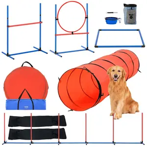 VEVOR Dog Agility Training Equipment,  , 5 PCS Set Upgrade with Adjustable High Hurdles,6 Weave Poles,Extended Tunnel,Jump Ring,Pause Box,Whistle,Foldable Bowl,Puppy Obstacle Course Kit with Storage Bag