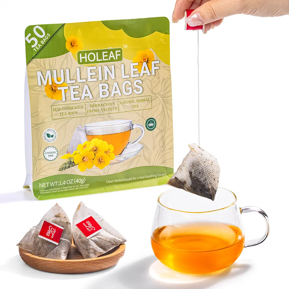 HOLEAF Mullein Leaf Tea Bags, 50ct Natural Caffeine-Free Herbal Tea Beverage, Eco-Corn Fiber Bags for Daily Soothing Sips