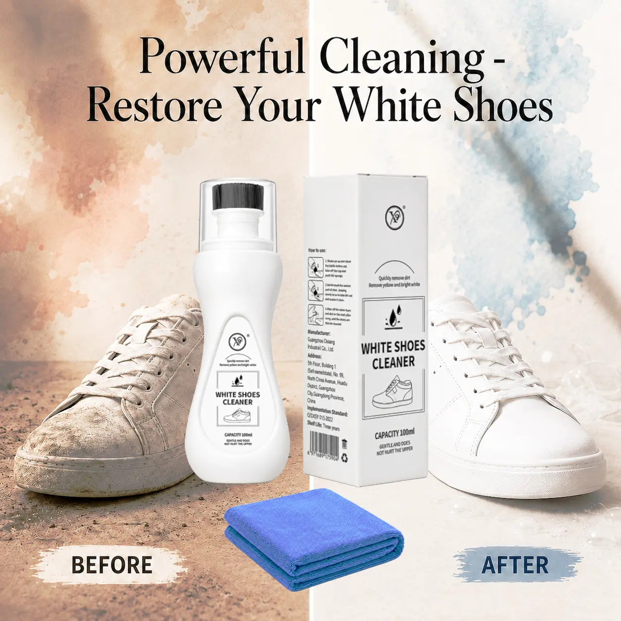 Waterless Shoe Care Kit with Built-in Brush - Instant Foam Cleaner Spray for Stain Removal, Sneakers, Canvas & Leather, Includes Microfiber Towel for Daily Use