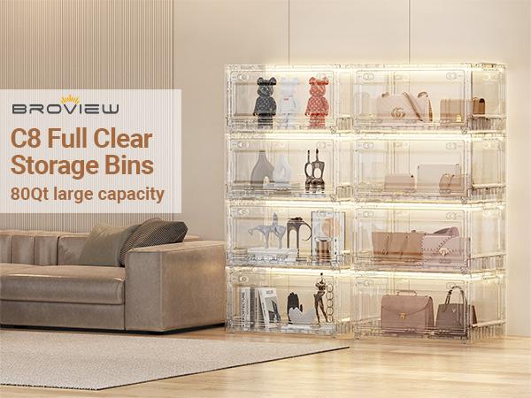 BROVIEW Clear Stackable Storage Bins Drawers, Open Front Large Plastic Storage Bins with Lids, Foldable Closet Organizers and Storage for Wardrobe Cabinets, Pantry, Makeup