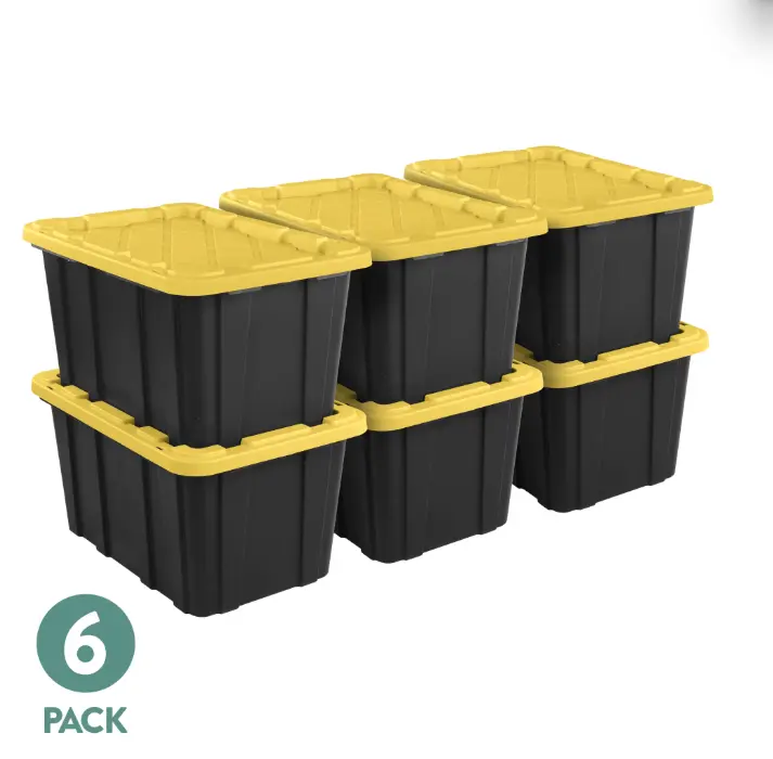 Sterilite Large Storage Bin, 27 Gallon Durable Plastic Storage Tote with Snap-On Lid, Black and Yellow, 6 Pack