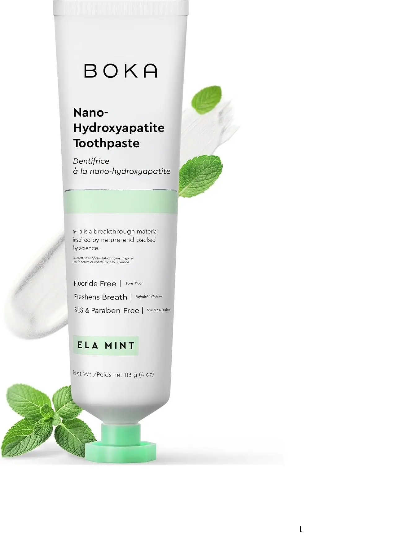 Boka Fluoride Free Toothpaste, Nano Hydroxyapatite Toothpaste, Appropriate for Sensitive Teeth - for Adult Oral Care - Ela Mint Flavor, 4 Fl Oz 1Pk