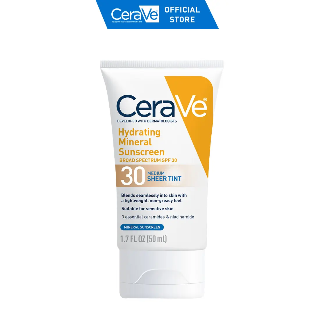 CeraVe Sheer Tint Hydrating Mineral Sunscreen SPF 30 | Glowy Tinted Moisturizer | No White Cast Physical SPF
