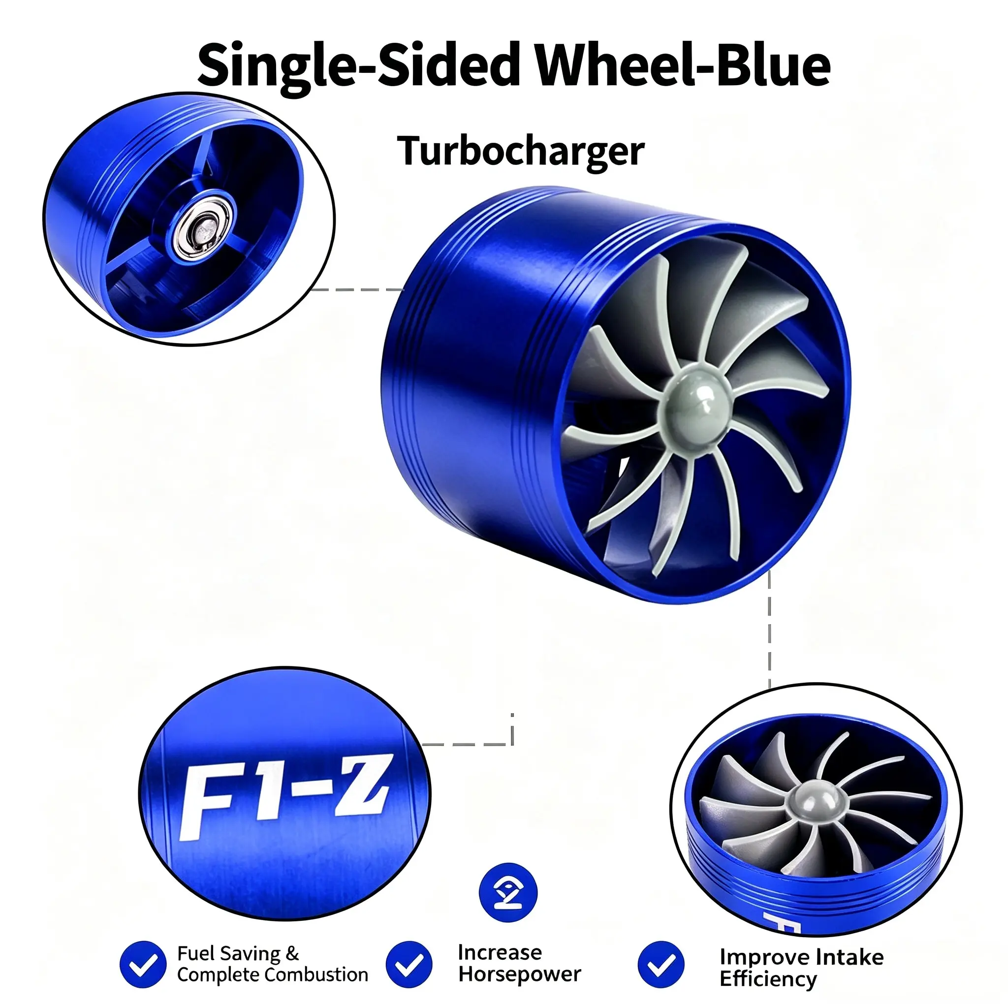 Sporty Blue Turbo Style Aluminum-Alloy Metal Single-Sided Wheel Turbocharger Intake Fan, Universal Car Engine Bay Air Intake Turbine, Fuel Saving Combustion Booster, Auto Fuel System Replacement Part