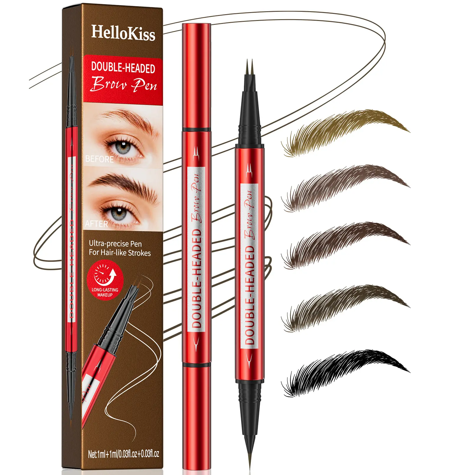 【HelloKiss】 Dual-Ended 2-Tip Eyebrow & Eyeliner Pen, Waterproof Micro-Carved Liquid Brow Pen for Natural Hair-Like Strokes clear Peel long lasting eyebrow pencil precision