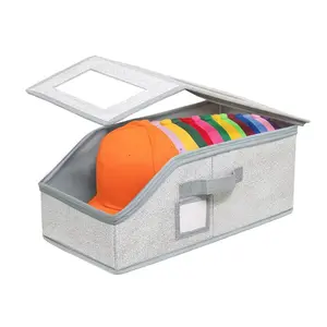Stackable Baseball Cap Storage Box, Durable Foldable Hat Storage Boxes for Closet with Clear Windows, Holds up 12 Caps with Cardboard, Space-Saving Closet Storage, Breathable Fabric Hat Organizer for Women & Men(Grey)