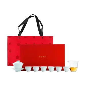 Jingdezhen Ceramic Kung Fu Tea Set, Chinese Style Mountain Landscape Gongfu Tea Ceremony Kit with Embossed Gaiwan, 6 Cups, Glass Pitcher, Gift Box - Yingqing Style