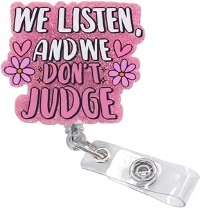 Funny and Cute Badge Reel - We Listen and We Don't Judge Design, Durable Retractable ID Holder for Nurses, Therapists, Counselors, Ideal for Healthcare Workers