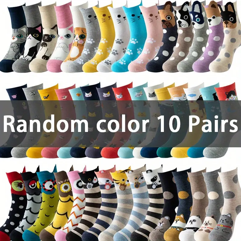 Women's Animal-Themed Mid-Calf Underwear Socks, 10-Pair Mixed Colors, Cute Character Designs, Breathable Comfort Socks for Women, Underwear For Women