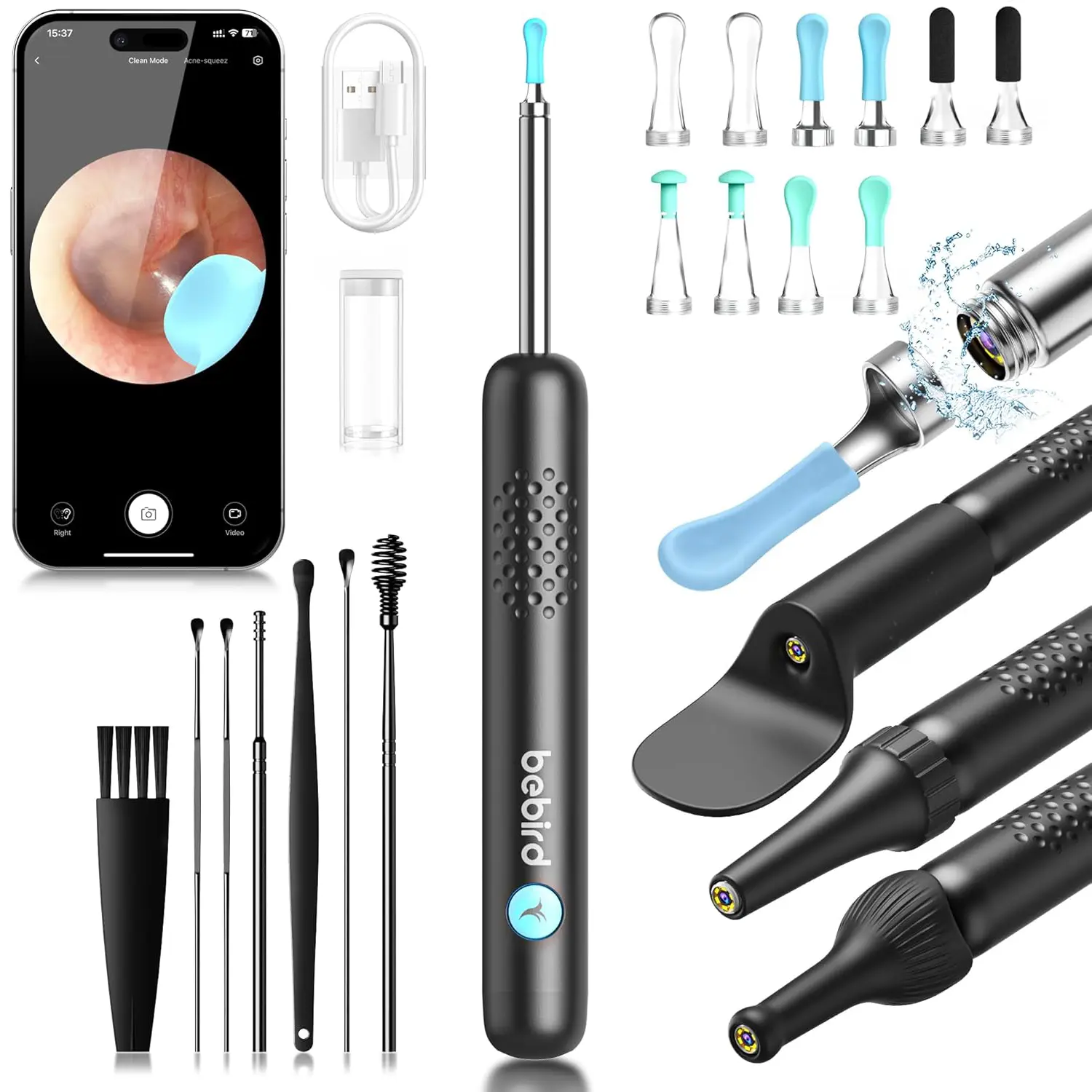 BEBIRD R1 Wax Removal for Ear - Spade Ear Canal Cleaner with Camera 1080P Earscope, Wax Remove Ear Picker with Vari Replacement Tips, Camera with 6LED Light for Ear/Nose/Throat Examination, Black
