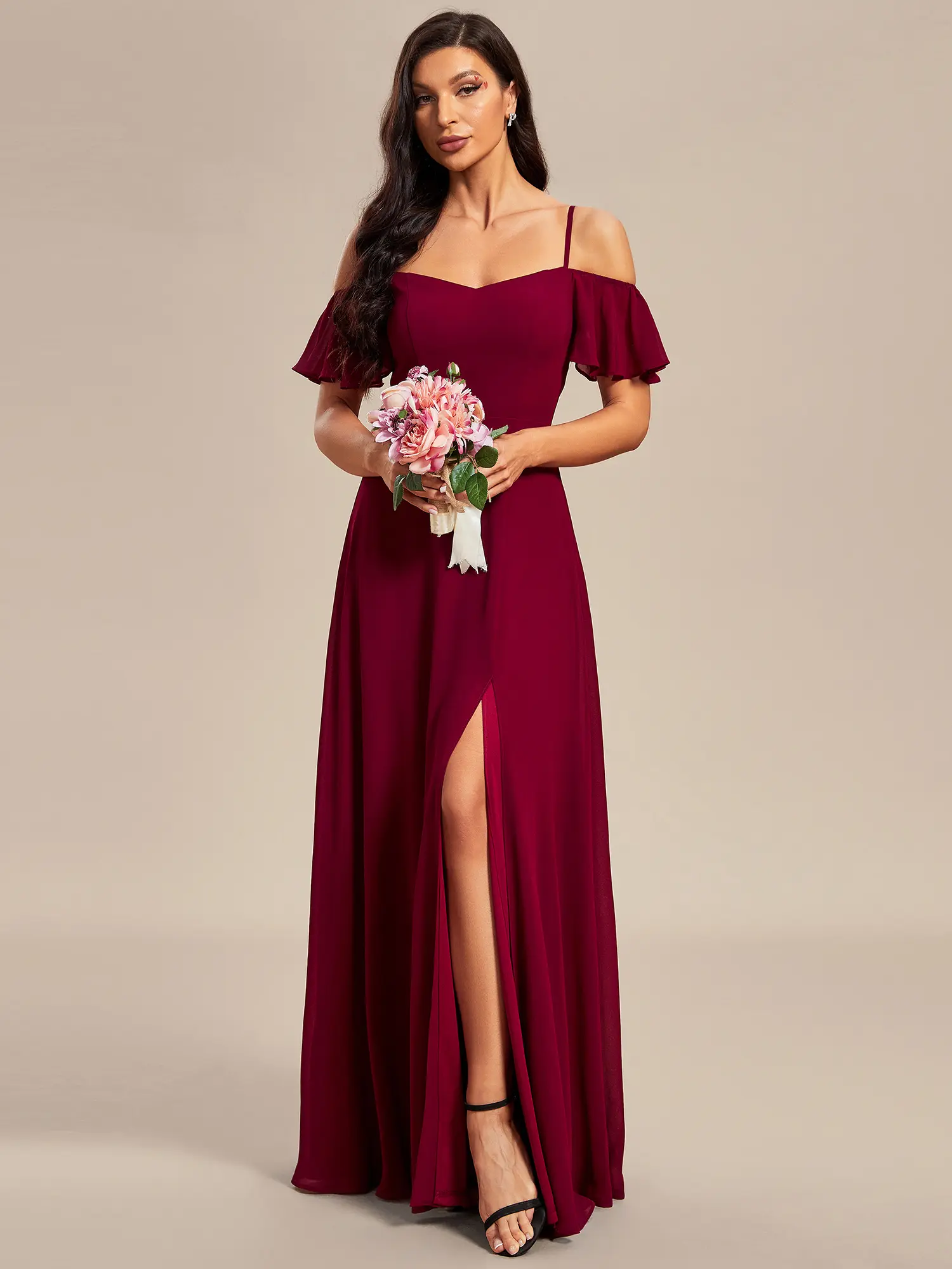 Ever-Pretty 2026 Elegance Spring  Dress  Women's Elegant Burgundy Off-the-shoulder Ruffled Short Sleeve High Slit Chiffon Maxi Dress for Wedding Guest dresses,Bridesmaid Dresses,Formal dresses,00237