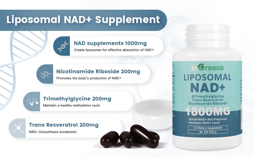 inGreens NAD+ Supplement 1800 mg with Nicotinamide Riboside 200mg, Trans Resveratrol 200mg, Trimethylglycine 200mg，Boost NAD+, Cellular Energy and DNA Repair, 60 Softgels non-pharmaceutical Fitness Healthcare