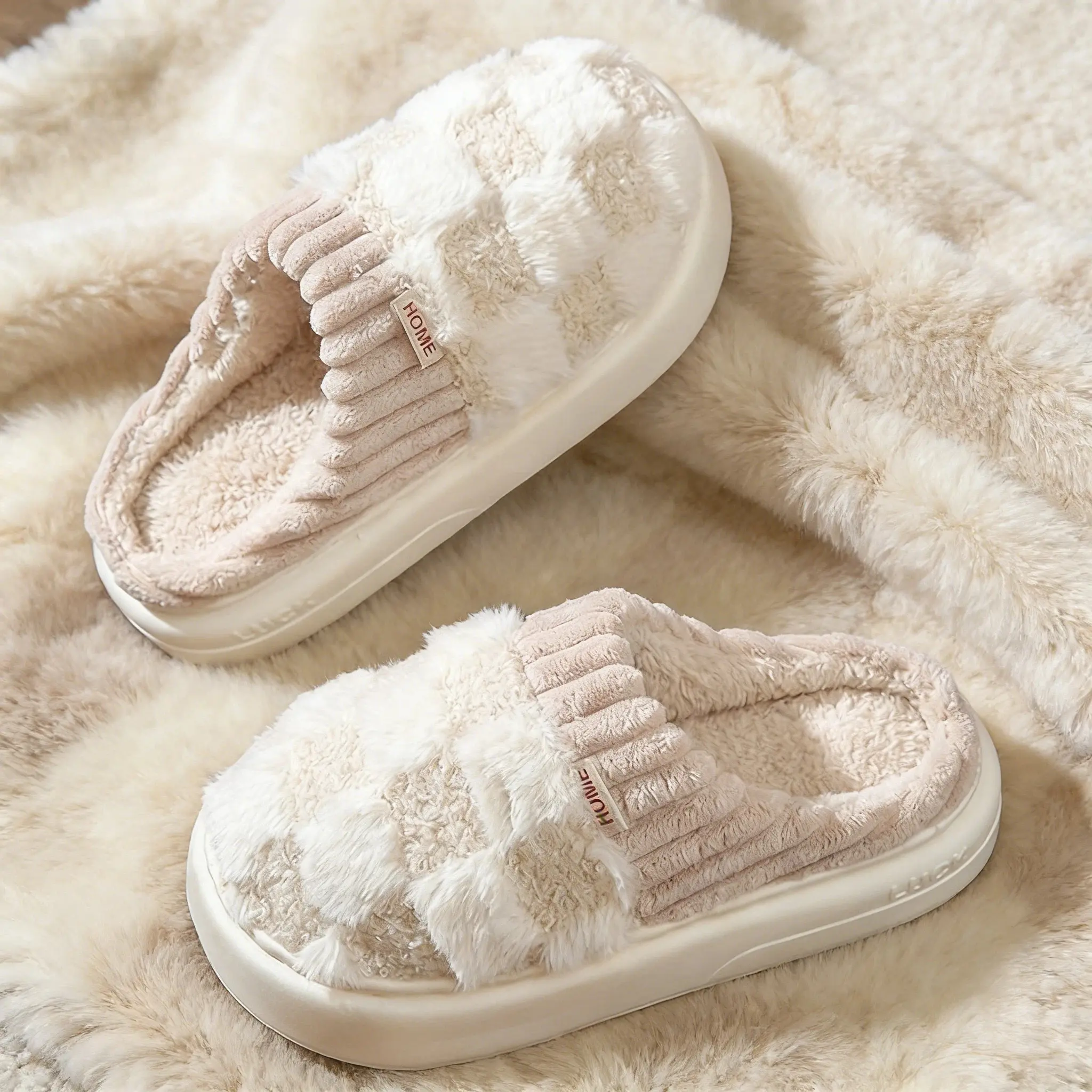 Cozy Plush Winter Slippers for Men & Women - Soft, Warm, Non-Slip EVA Sole with Checkered Pattern | Indoor House Shoes with Fluffy Faux Fur Lining