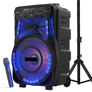 Portable Bluetooth PA Speaker System w/ 15" Subwoofer, 1" Tweeter, Outdoor Bluetooth Speaker Portable PA System w/Microphone in, Colorful Party Lights, MP3/USB SD Card Reader, FM Radio, Rolling Wheels, Mic, Remote
