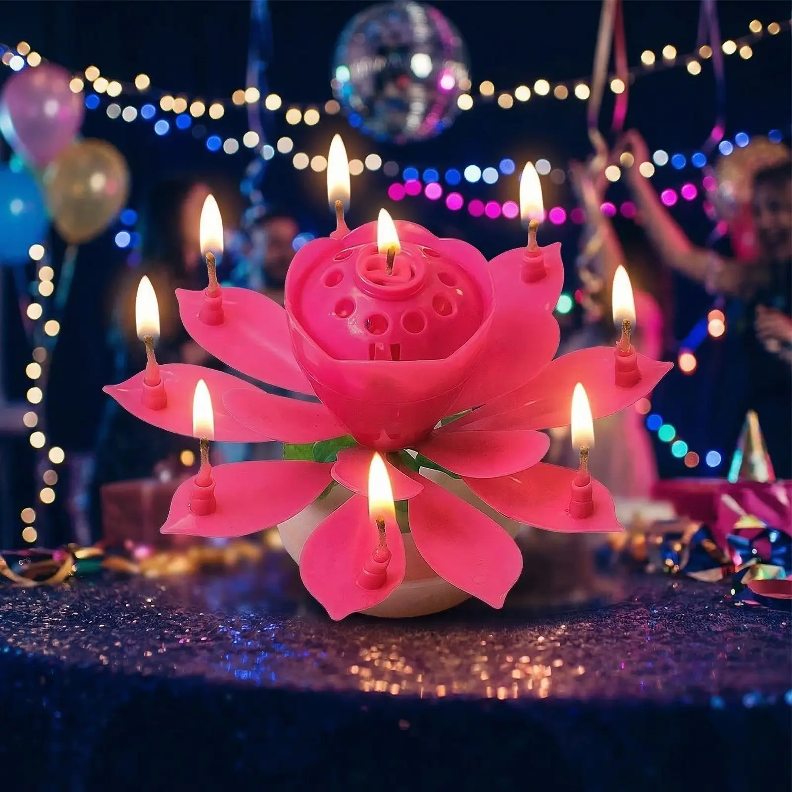 Lotus flower music birthday candle, automatic blooming rotating cake decoration, plays happy birthday song, suitable for birthday cakes and parties, 1 piece