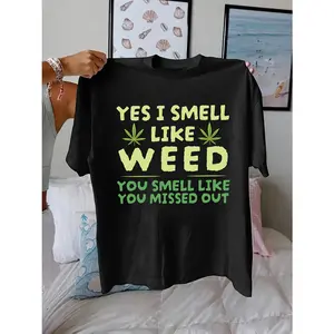 men's Casual Short Sleeve Crew Neck T-Shirt - Bold "Yes I Smell Like Weed" Graphic Print,  Black with Green Leaf Design,  Machine Washable Spring Summer Top,  Everyday Outfit,  Playful Design,  Breathable Material,  Printed Shirt,  Streetwear Lovers.
