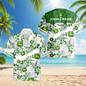 John Deere Hawaiian Shirt Men Women Tropical Floral Print Beach Shirt Summer Spring Casual Streetwear Festival Loose Fit Cool Fan Merch Button Up Vacation Travel Tractor Lover Gift