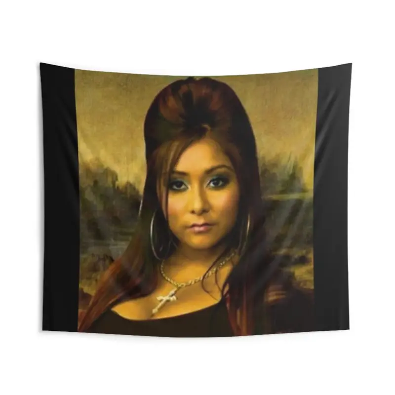 Snooki Mona Lisa Print Wall Tapestry - Black Background, Detailed Portrait, Knit Polyester Fabric, Horizontal Home Decor Art tiktokshopbacktoschool