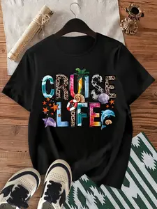"CRUISE LIFE" Letter Print Top: Cotton loose sporty cute elegant stretch home casual crewneck short sleeve with dolphin, shell, lifebuoy and star leopard print, suitable for casual occasions;