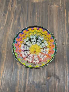 Hand Painted Iridescent Glass Bowl | Peacock Feather Pattern with Gold Floral Center