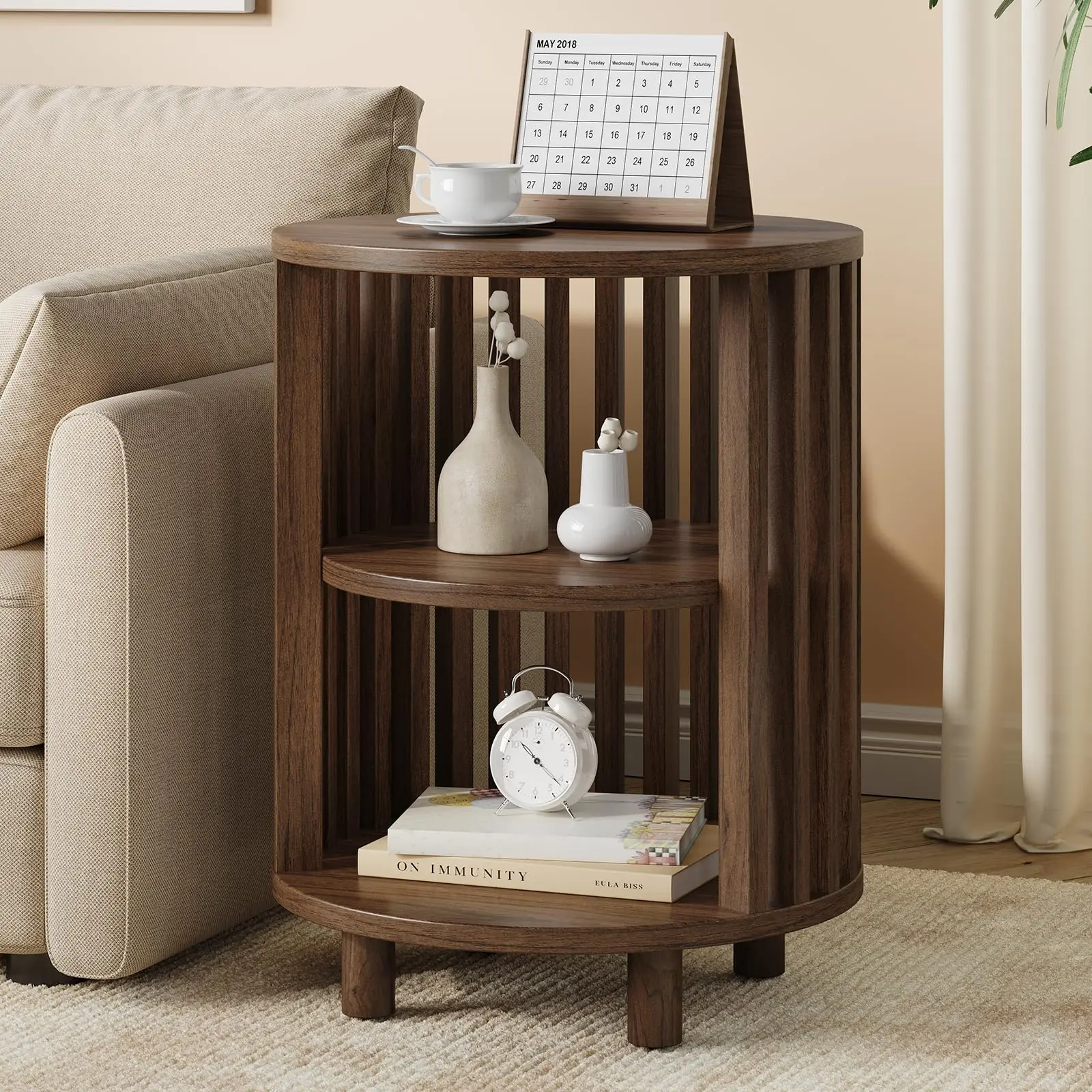 【SummerFinds】ONBRILL Round End Table, Wood Bedside Table, Mid Century Modern Nightstand with Open Storage Shelf, 3 Tier Small Side Tables for Living Room, Bedroom, Curved Profile Design, Natural Oak(2-Pack)