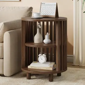 ONBRILL Round End Table, Wood Bedside Table, Mid Century Modern Nightstand with Open Storage Shelf, 3 Tier Small Side Tables for Living Room, Bedroom, Curved Profile Design, Natural Oak(2-Pack)