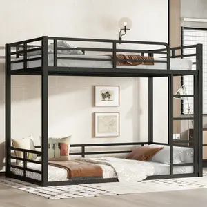 Metal Bunk Bed, Twin XL over Twin XL Floor Bunk Bed Frame, Heavy-Duty Bunk Bed for Teens, Adults, Noise-reduced Design, Black