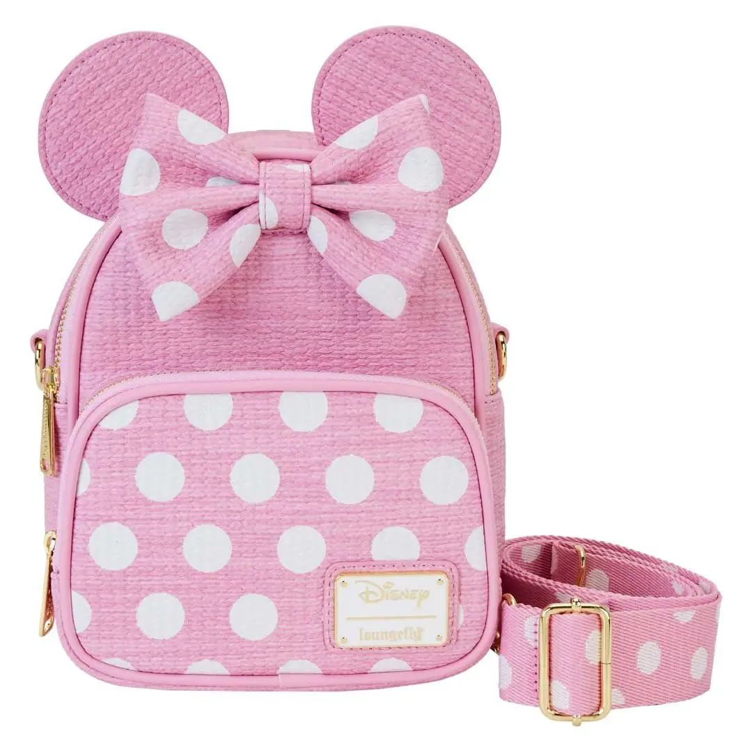 Loungefly Disney Minnie Mouse Straw-Textured Cosplay Mini Backpack, Convertible Faux Leather Crossbody with Polka-Dot Straps & 3D Bow, Crossbody Shoulder Bag, Fashionable Patterned Bag, Zipper, Graphic, Basic, Casual, Mini Size, Lightweight, Messenger Bag