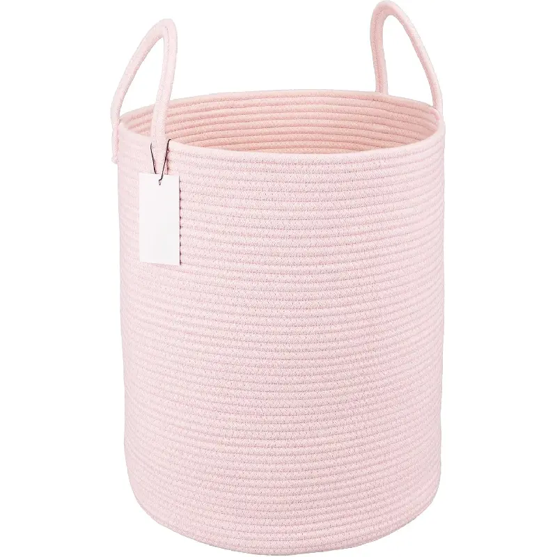 Cotton Rope Laundry Basket Hamper for Girls Kids Baby Nursery Hamper Bin Woven Storage Basket for Living Room Girls room Boho Tall Rope Baskets for Blanket Toys Large light pink