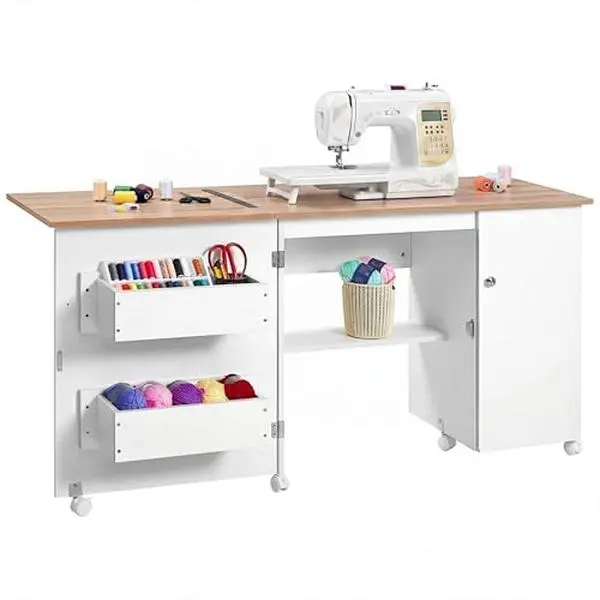 63" x 19" x 29.5" Folding Sewing Table with Storage, Large Sewing Machine Table with Shelves & Lockable Wheels, Multi-Functional Craft Desk Sewing Cabinet with Compact Design.