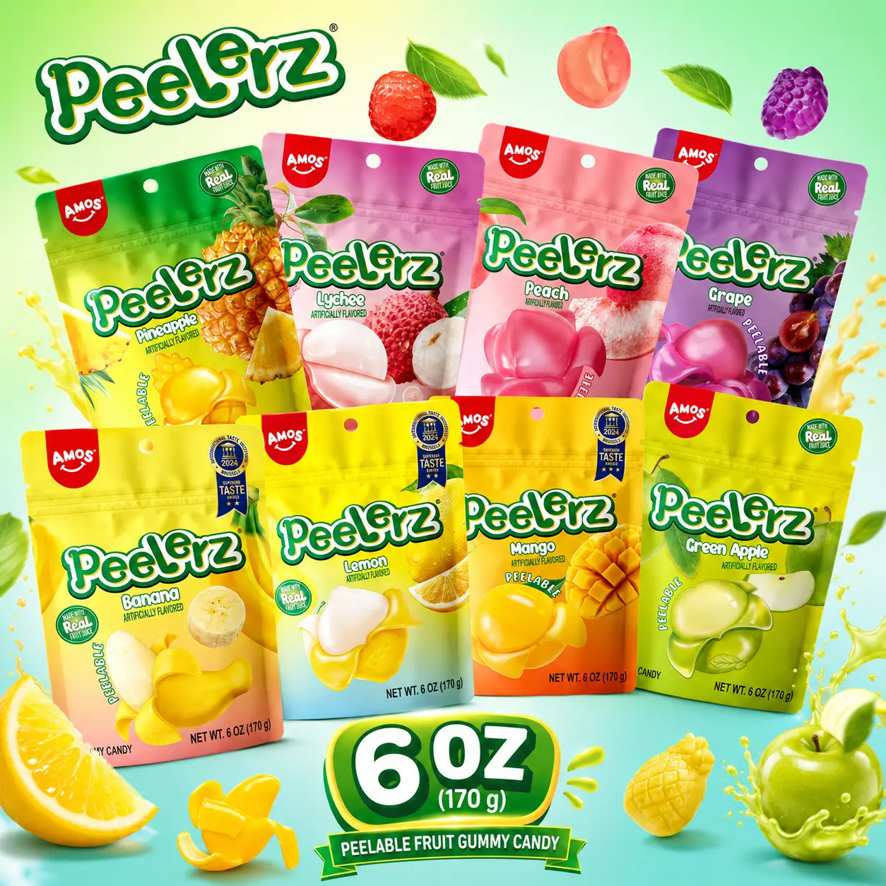 AMOS Peelerz Peelable Gummies 6 OZ, Assorted Fruit Flavored Gummy Candy, Fun Snack Made with Real Fruit Juice