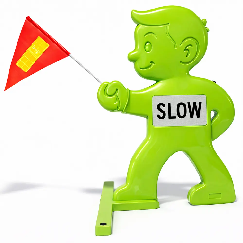 Outdoor Child Safety Sign - Kid Alert Street Safety Sign - 31" Green Caution Sign for Neighborhoods Schools Driveway, Children at Play Sign with Reflective "SLOW" Sticker & Warning Flag