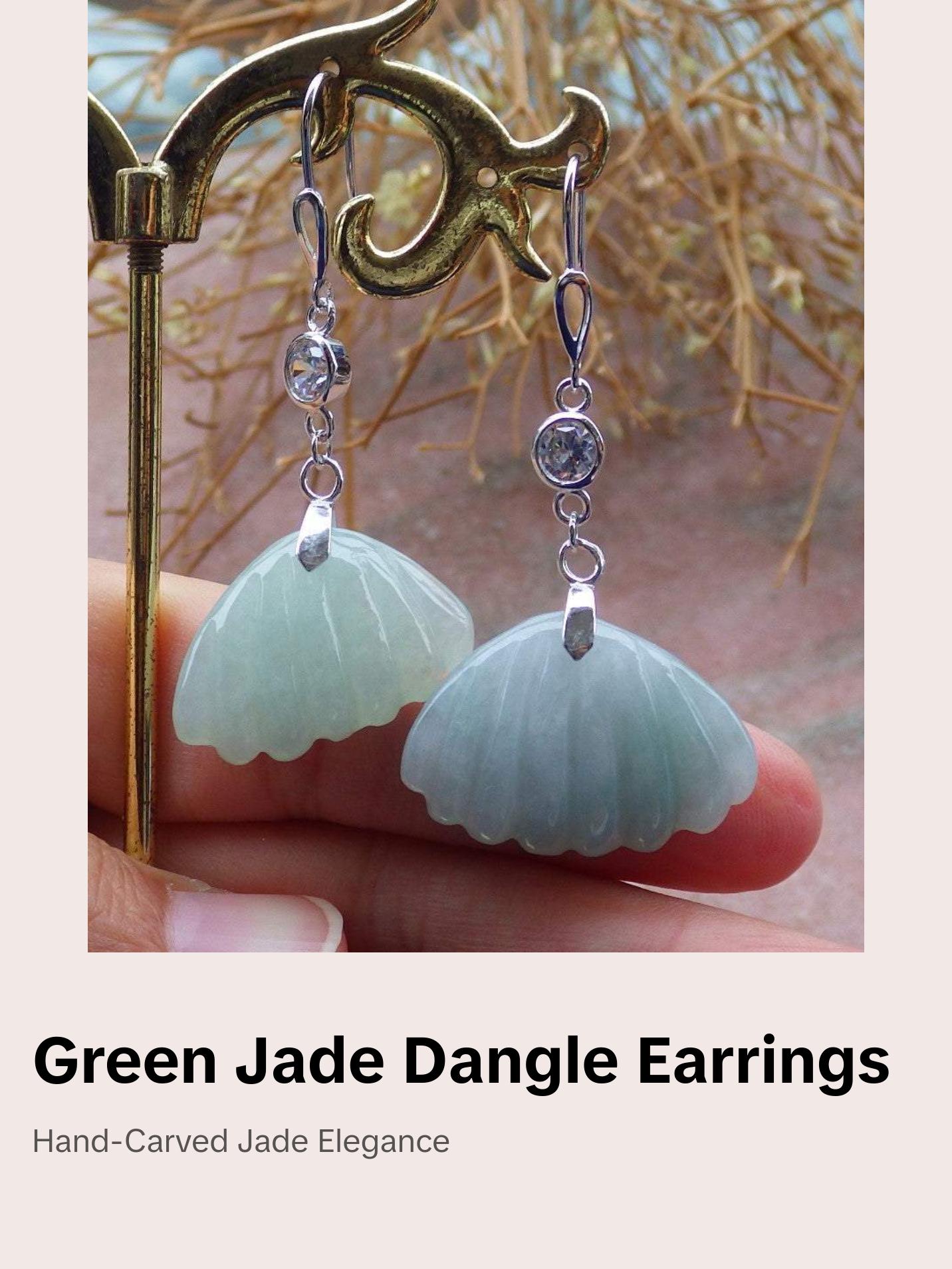 Certified Sterling Silver 925 100% Green Natural Myanmar Burma Hand Carved A Jade Jadeite Sea Shell Dangle Earring Earrings