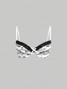 Goth Lolita Y2K Music Note Allover Print Contrast Lace Trim Bralette