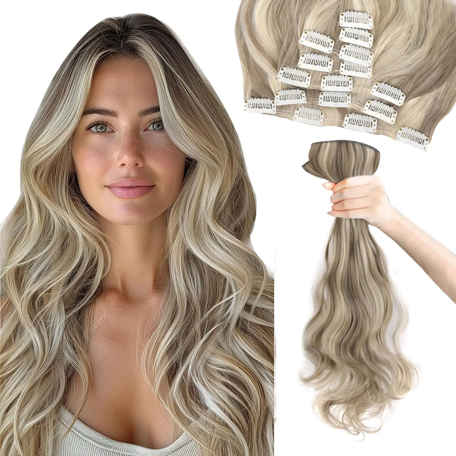 Vlasy Wavy Clip in Hair Extensions for Women, 7/8-Piece Synthetic Extensions & Pieces for Added Volume & Length for Daily & Party Use, Wavy Hairpieces, Beauty Products