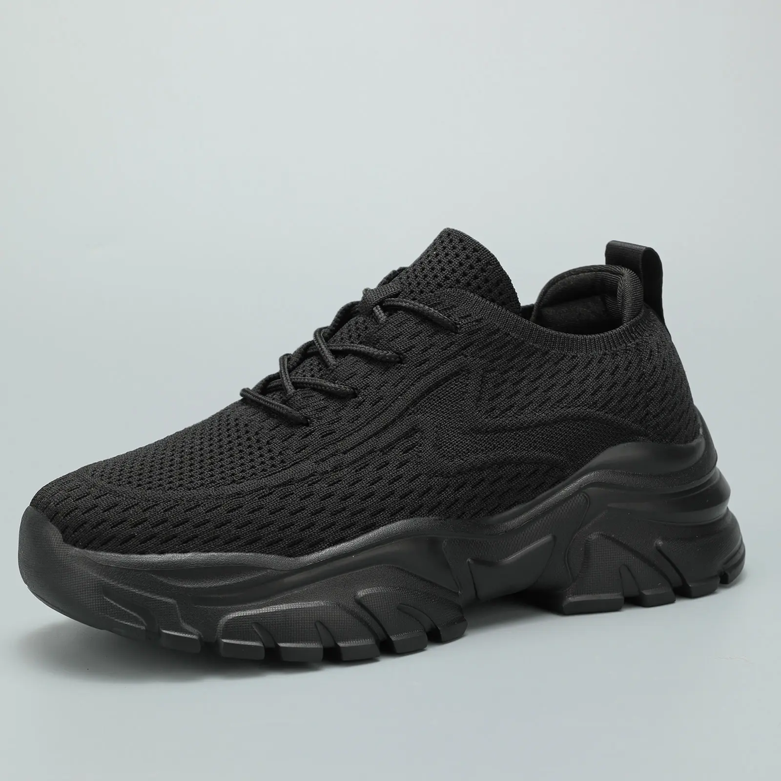 Women's All Black Chunky Sneakers - Breathable Knit Mesh Lightweight Slip-on Chunky Shoes with Thick Sole - All-day Active Black Matte Casual Trainers for Running, Gym
