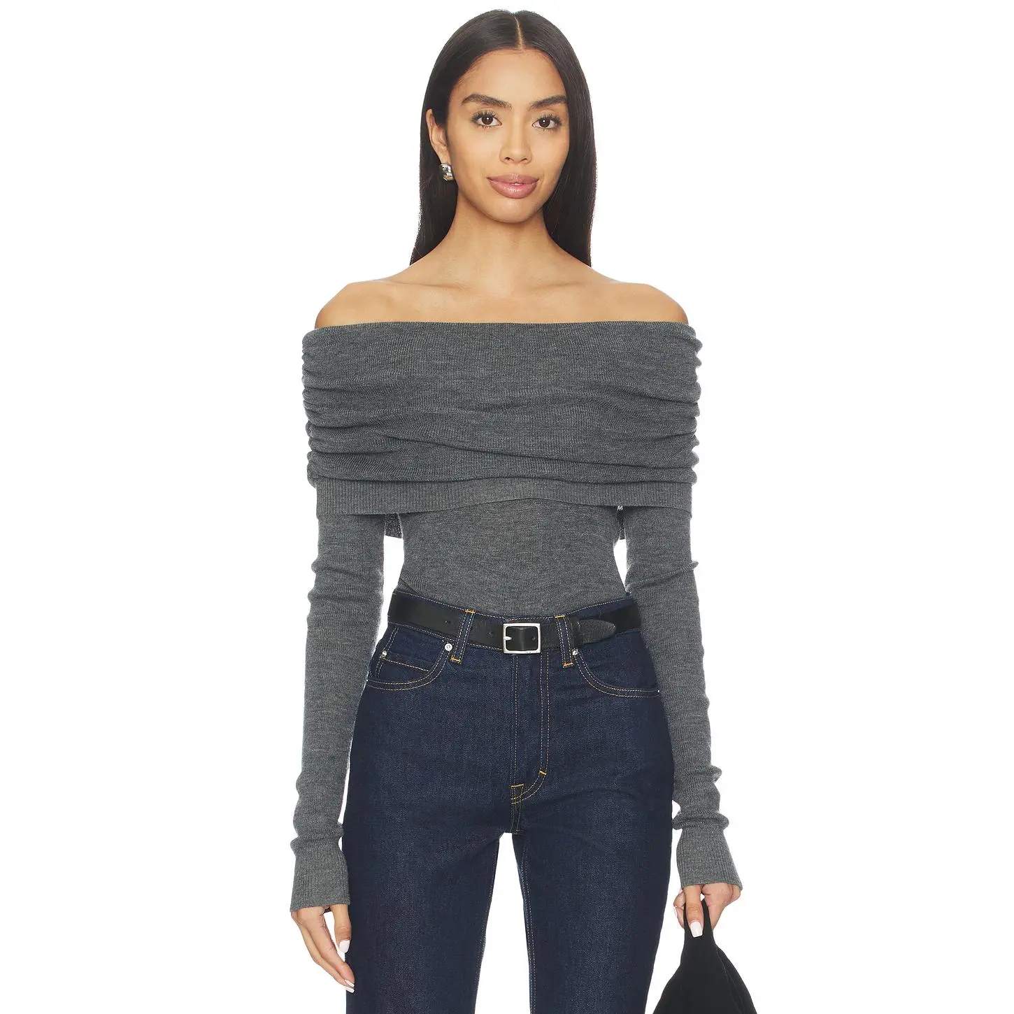 Susana Monaco Light Merino Off Shoulder Sweater in Melange Grey