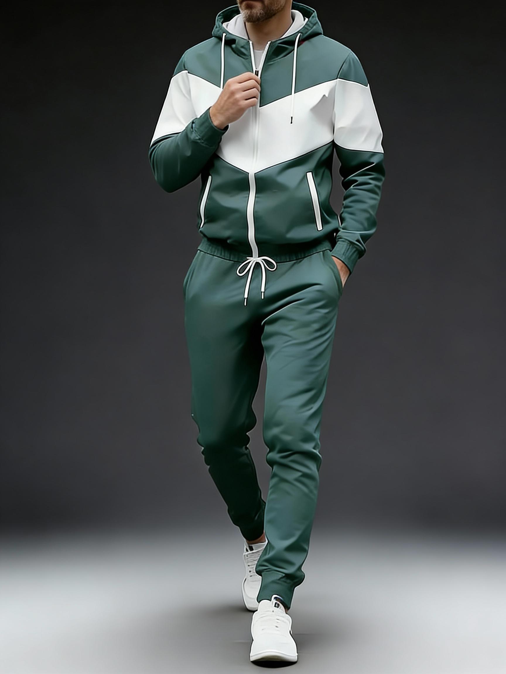 Stylish Contrast Color Block Tracksuit for Men Full Zip Hooded 2-Piece Casual Sportswear for Daily Leisure Activities Blue & White