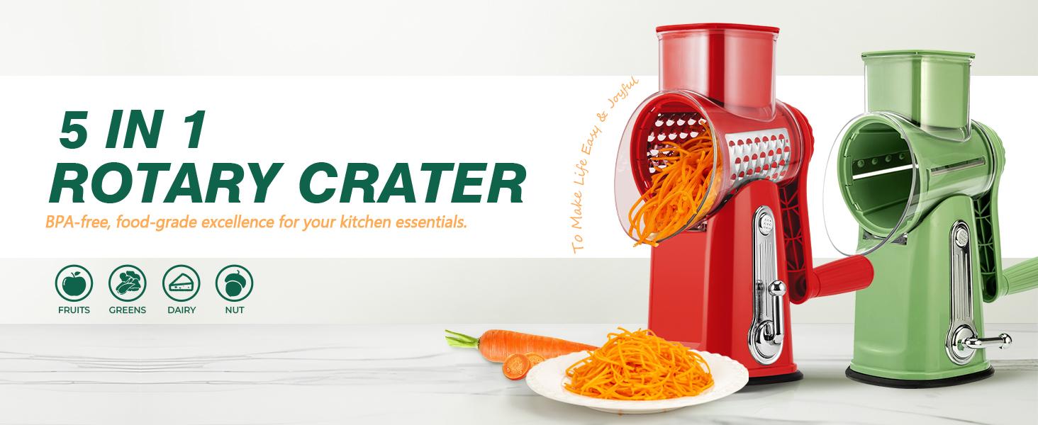 SUSTEAS Rotary Cheese Grater: 5 versatile blades, strong suction base, mandoline slicer, veg grater. Retro green kitchen essential for easy, Food Cooking Utensils