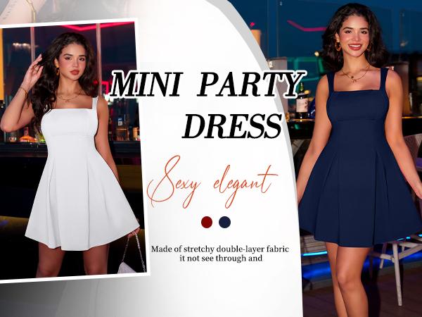 OYS Women's Sexy Sleeveless Square Neck Adjustable Straps Bow Tie A-line Mini Party Club Dress