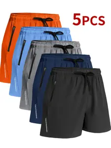 Men’s Summer Drawstring Athletic Shorts, 5-Pack — Zippered Pockets, Breathable Polyester, Quick-Dry, Lightweight and Comfortable, Perfect for Running, Hiking, Outdoor Activities, An Ideal Gift for Men